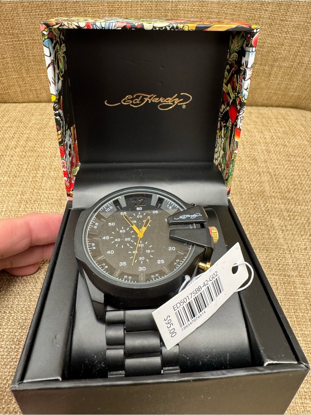 Ed Hardy Men’s Quartz Chronograph Watch Black Dial Black Metal Bracelet Box